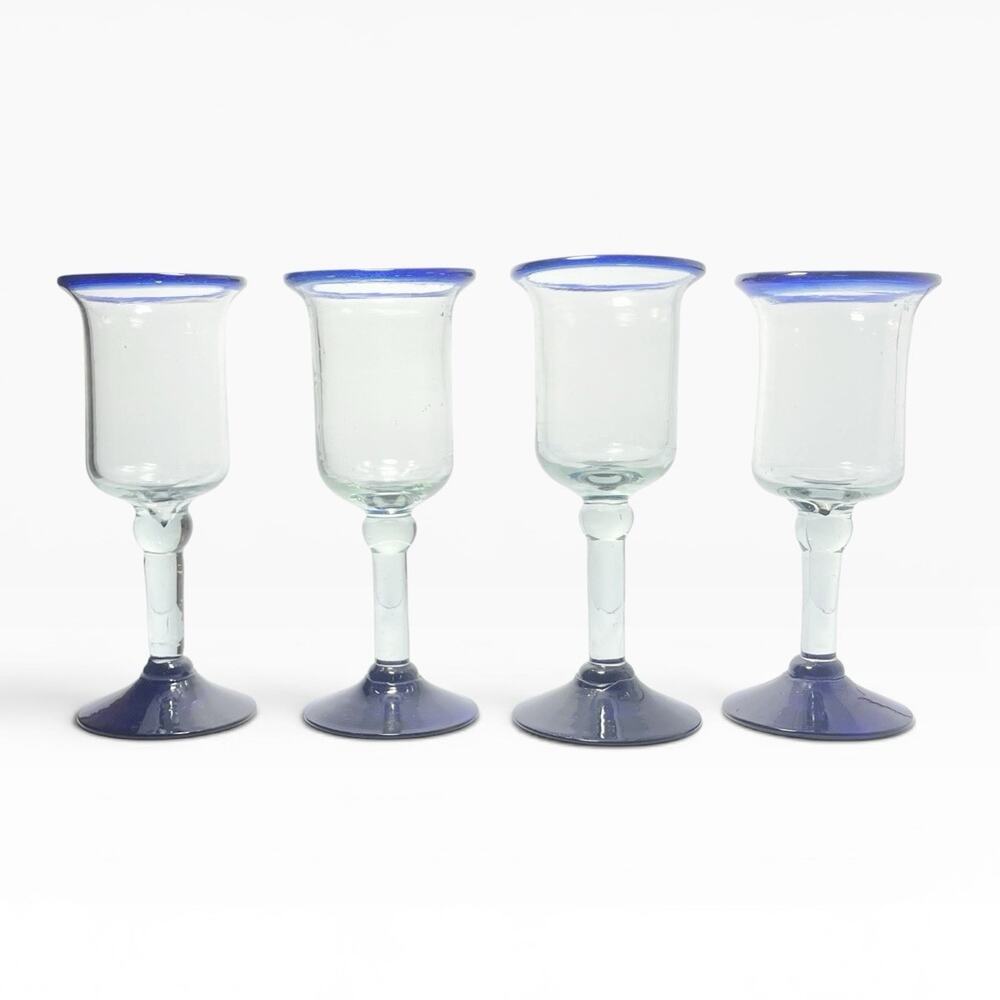 Pier 1 Imports “Cobalt Rim” 4 Glass Blown Wine or Water Glasses 8 1/2” 9oz